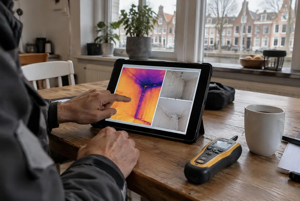 Lekdetectie Dronten – lekdetectierapport met warmtebeelden en foto's op een tablet