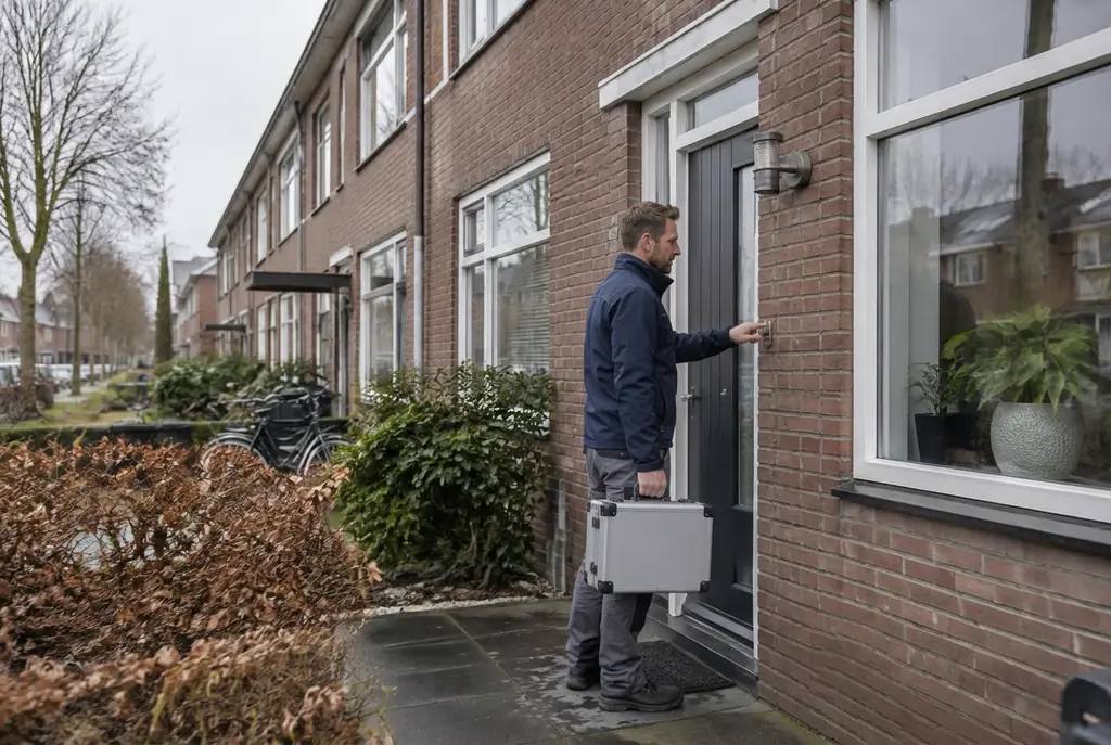 Lekdetectiespecialist met meetkoffer bij de voordeur van een woning in Dronten